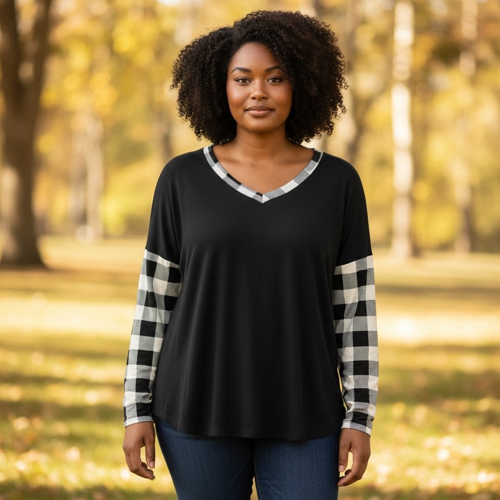 E. Luna Women’s Chic Black V-Neck Top with Checkered Sleeves 1X